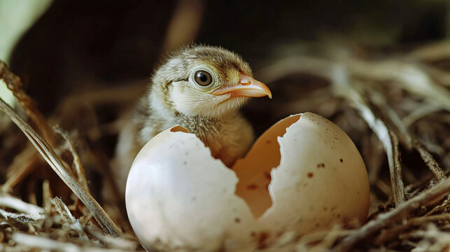 A baby bird hatching from an egg, ready to begin its first adventure in the nest.