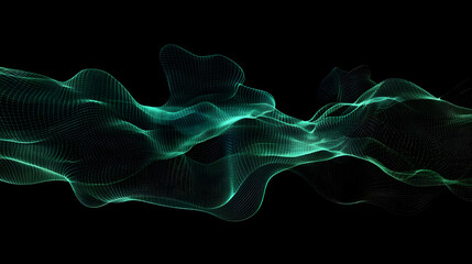 Fototapeta premium Abstract technology wave of particles. Big data visualization. Dark background with motion green lines. Artificial intelligence. 3d rendering.
