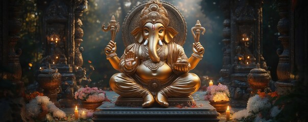 Fototapeta premium Golden Lord Ganesha statue sits in nature-inspired setting. Candles, flowers surround sculpture. Sacred Hindu scene. Festival ambiance for Ganesha celebration. Artistic representation of religious