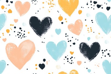 A lively seamless pattern featuring hand-drawn hearts in pastel shades of yellow, peach, and blue, alongside bold black hearts.