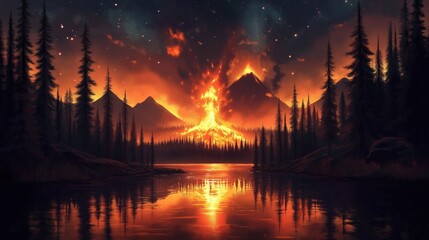 Volcanic eruption in forest landscape. Fiery volcano erupts over dark silhouettes of trees on mountains reflecting over lake surface. Fire burns forest. Dramatic natural event. Burning nature.