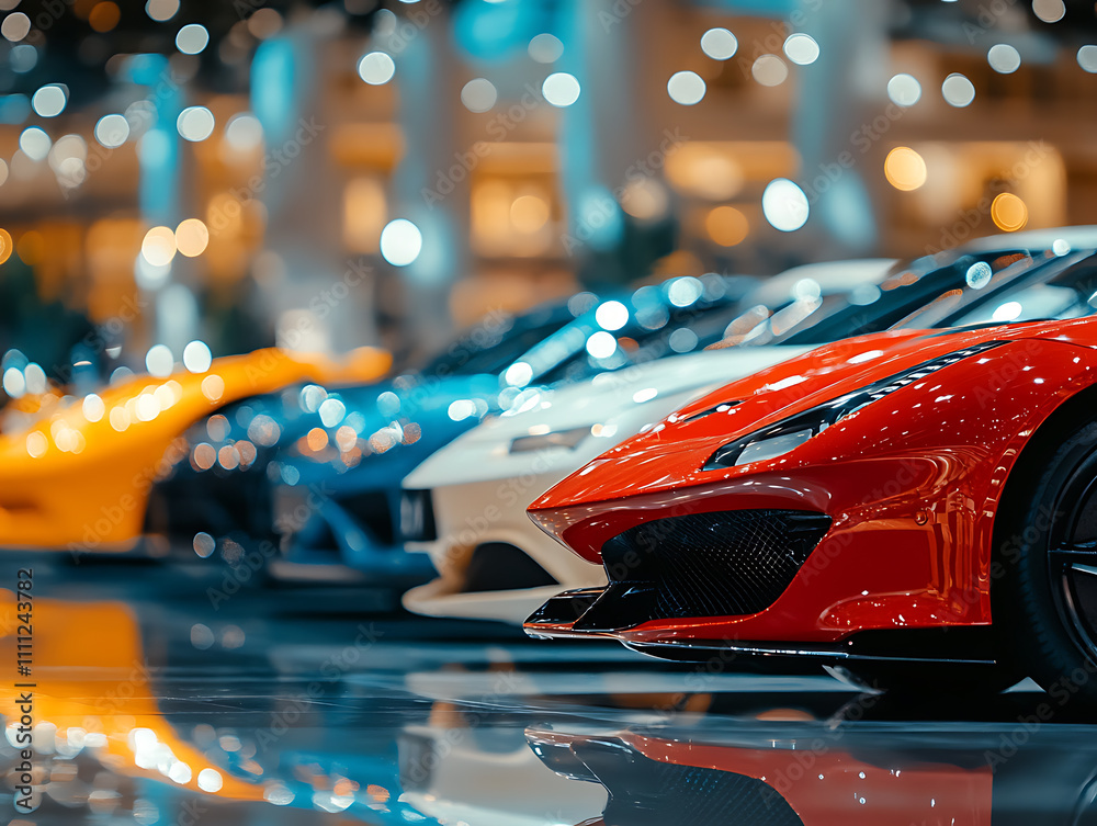 Aufkleber blurred background of new cars displayed in luxury showroom with light bokeh in motor show event