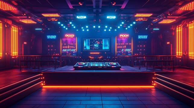Futuristic nightclub interior with DJ booth, neon lights, and bar.