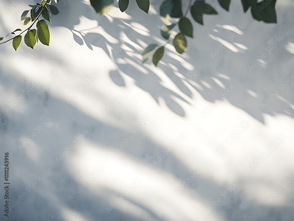Poster Blurred overlay effect for photo and mockups, wall texture with organic drop diagonal shadow and rays of light on a white wall, shadows for natural light effects
