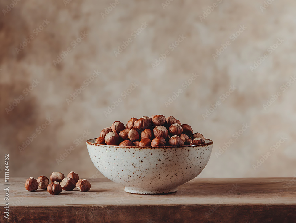 Poster bowl with tasty chocolate paste and hazelnuts on table