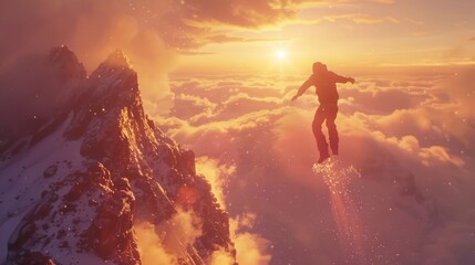 Fototapeta premium A person snowboarding above the clouds at sunset, showcasing adventure and freedom.