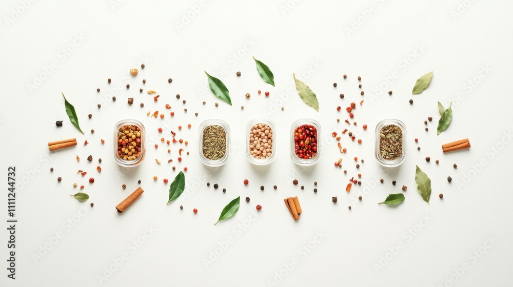 Aufkleber Various small jars hold vibrant spices and herbs, complemented by bay leaves and cinnamon sticks, creating an aromatic and inviting display. Generative AI