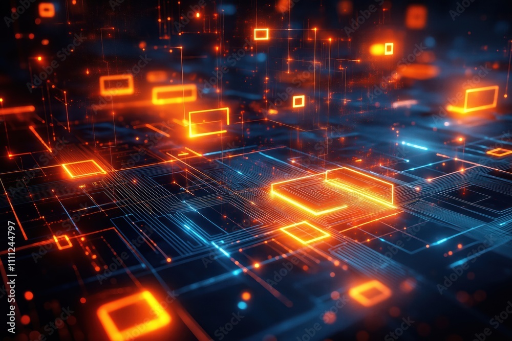 Poster Futuristic tech illustration shows interconnected global network. Network connection represents business intelligence, IoT. Abstract graphic design glowing lines, shapes. Dynamic tech background with