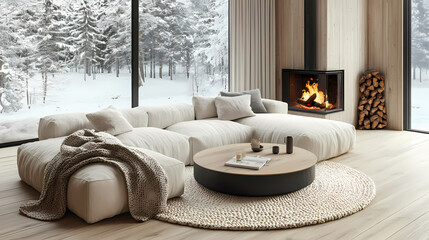 A Scandinavian-style living room with light wooden floors, a white sofa, cozy wool blankets, a modern fireplace, minimalist decor, a large round coffee table, and a window overlooking a snowy forest, 
