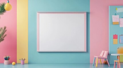 An empty whiteboard mounted on a wall, surrounded by colorful classroom decorations
