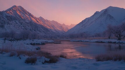 Serene Winter Landscape at Dawn with Snow-Covered Mountains, Frozen River, and Soft Pink Sky Reflecting in the Tranquil Waters of a Remote Valley
