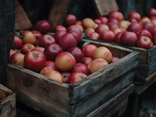 Close-up of wooden crates full of ripe apples