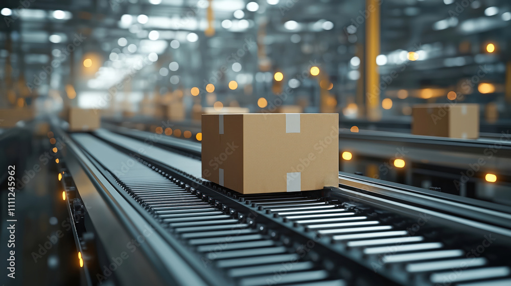 Poster Modern high-tech factory conveyor belt system transports cardboard box. Automated logistics process in modern facility. Future tech warehouse concept. Efficient package handling illustrated.