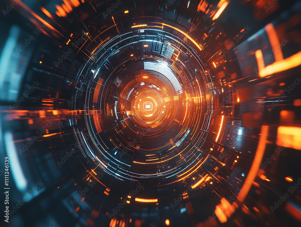 Poster Abstract blockchain sci-fi circular dial hud tech concept background with high tech speed connection