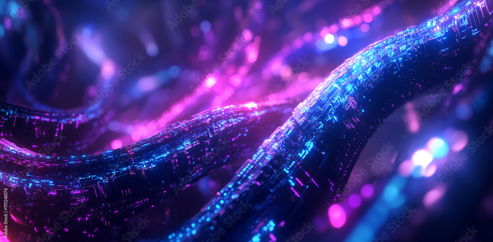 Poster vivid abstract digital landscape showcasing flowing lines of light and color in a futuristic environ
