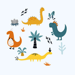 Set of hand drawn dinosaurs with cute elements in children style. Doodle and scribble vector collection with prehistoric animals