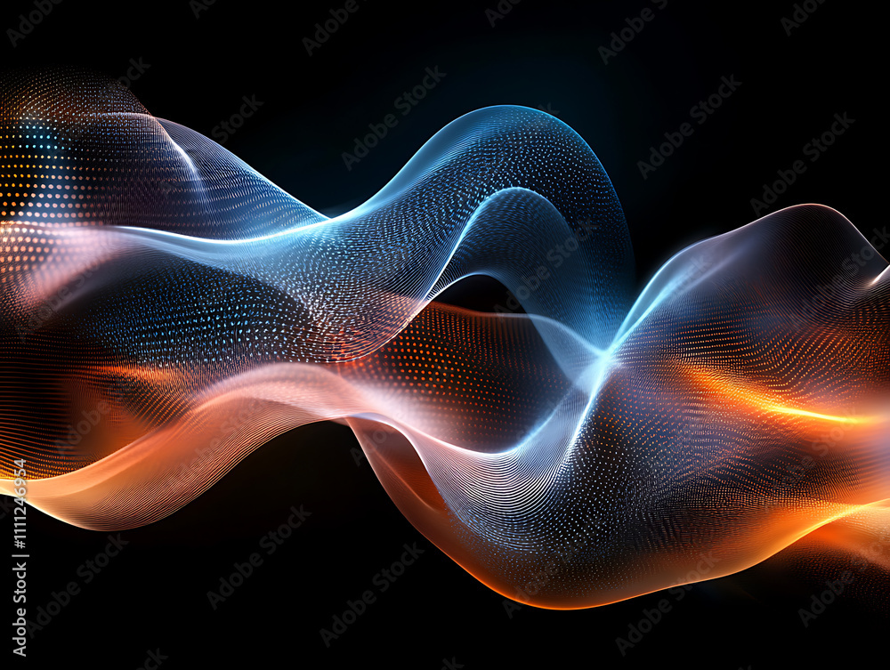 Aufkleber Abstract digital network waves and glowing blue and orange particle data on dark background