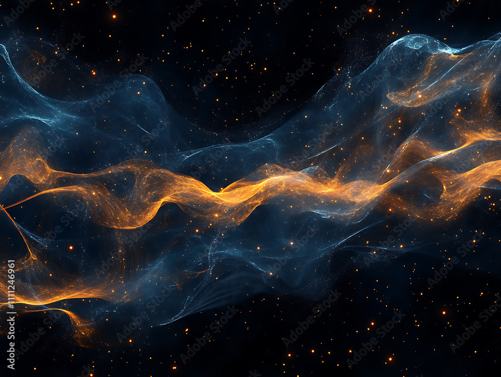 Fototapete abstract digital network waves and glowing blue and orange particle data on dark background