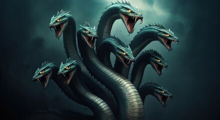 Obraz premium Hydra Dragon Heads, Mythical Monster Creature, Myth, Folklore lore, Mythology