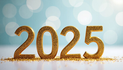 Golden number 2025 for new years eve surrounded by colorful sprinkles on blue background