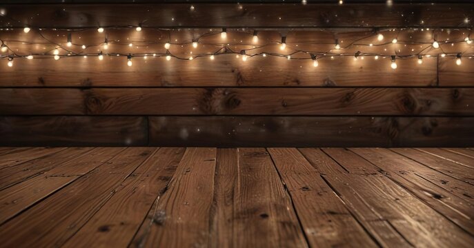 Close up of twinkling lights on wood plank surface, illumination, festive, wooden texture