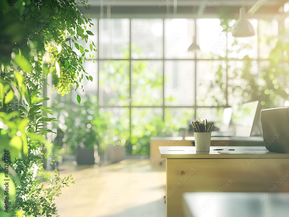 Poster Concept of a green office space, captured with a blurred effect to highlight the serene and peaceful environment cultivated by integrating nature into workspace design