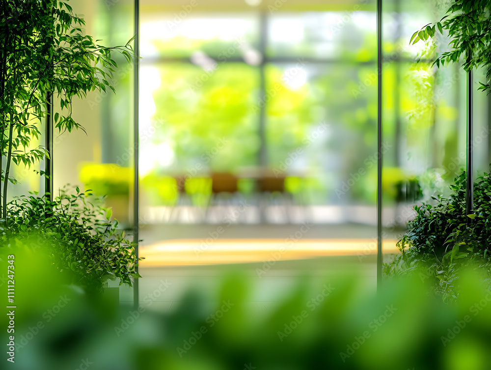 Poster concept of a green office space, captured with a blurred effect to highlight the serene and peaceful