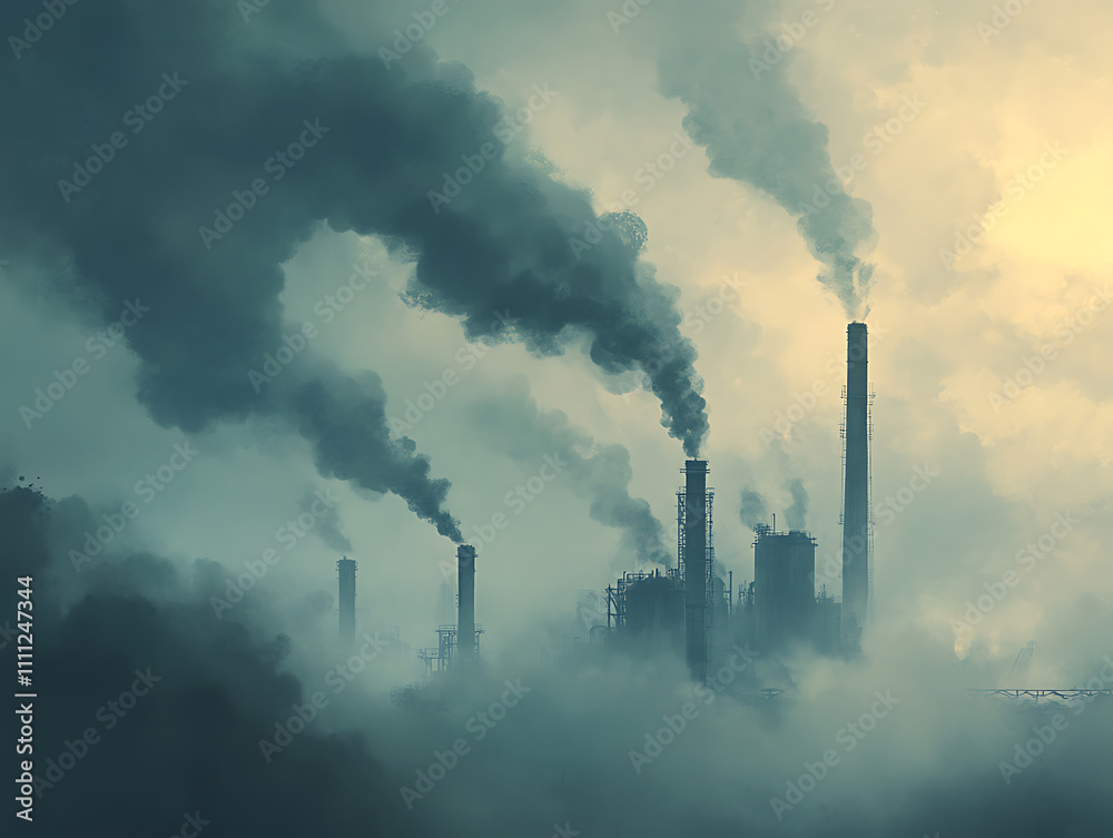 Poster concept of carbon emissions, represented by smoke billowing from factory chimneys and sinking into a