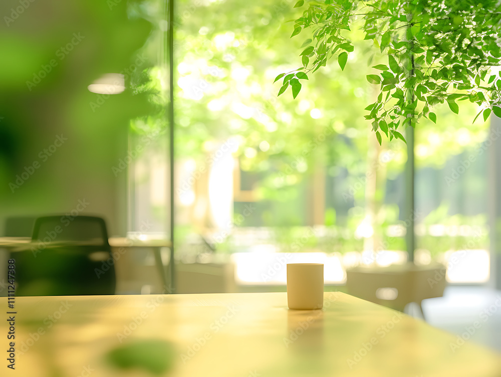 Poster Concept of a green office space, captured with a blurred effect to highlight the serene and peaceful environment cultivated by integrating nature into workspace design