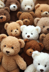 Soft bears toys background in brown, white, beige and gray shades.Teddy bears texture .Symbol of childhood and comfort.White, beige, brown bears set.Childrens soft toys