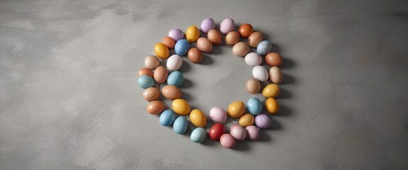 Easter eggs arranged in a circle on grey concrete, composition, concrete