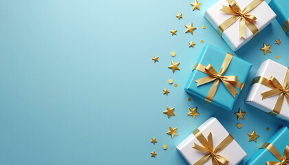 Christmas holiday composition. Christmas tree fir branches, colorful balls on border on blue background with copy space for your text. Banner mockup, postcard. Flat lay, top view, overhead.