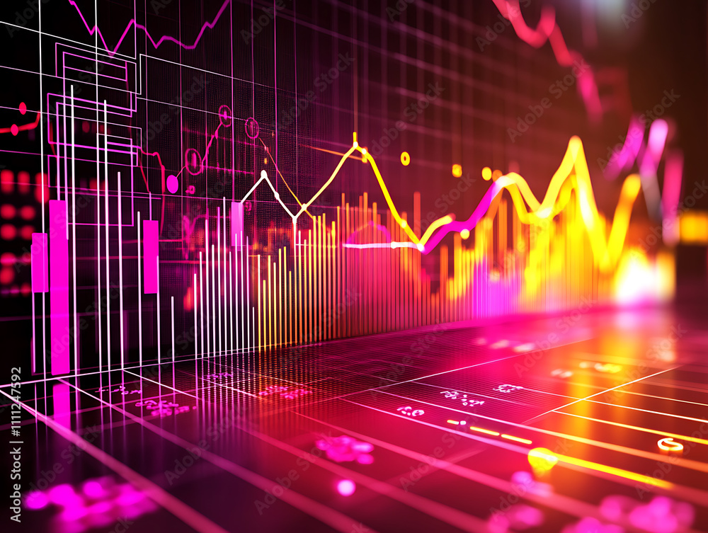 Fototapete Abstract statistical big data concept complexity graphs and analytical diagrams in technology background bright neon dark