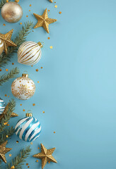 Christmas holiday composition. Christmas tree fir branches, colorful balls on border on blue background with copy space for your text. Banner mockup, postcard. Flat lay, top view, overhead.