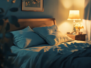 Concept of sleep hygiene, cosy bed with soft pillows and comfortable sheets, set in a peaceful bedroom environment, quiet atmosphere, healthy bedtime routine and restful night sleep