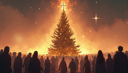 a group of people gathered around a Christmas tree, encapsulating the essence of holiday gatherings and community events where people come together to celebrate, share, and enjoy the festive spirit