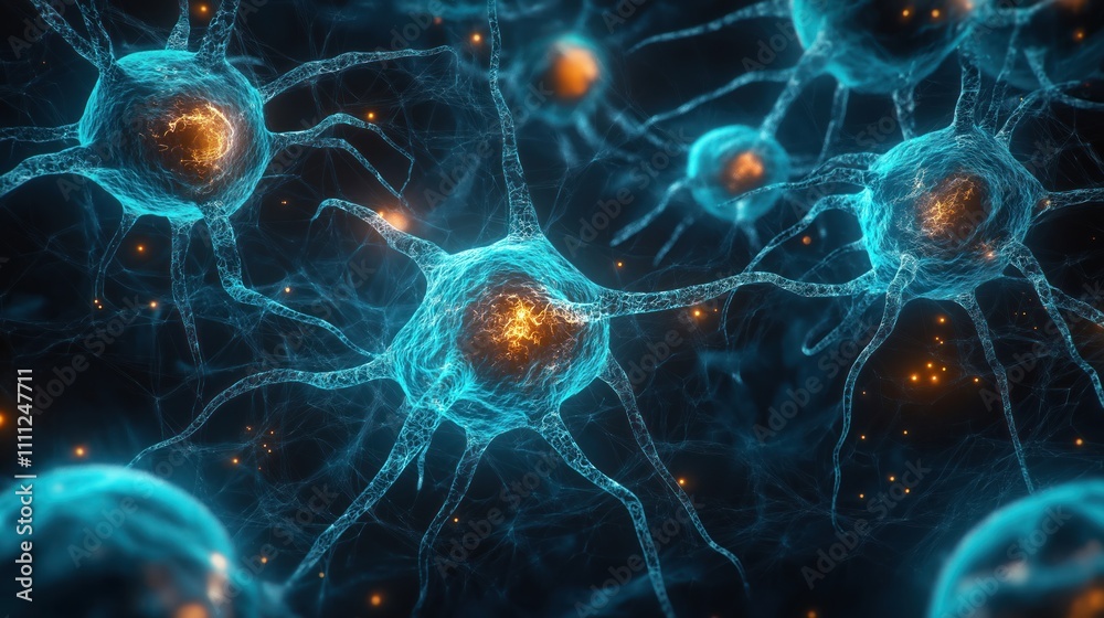 Poster Close-up view of neuron cells. Detailed illustration shows complex structure of cells. Neural network connections visible. Complex processes of brain cells presented. Modern tech illustration style.