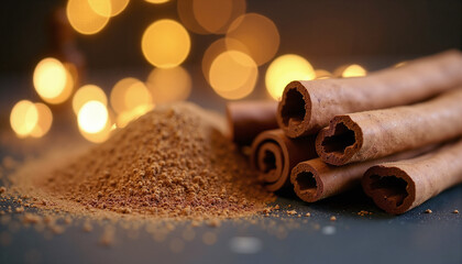 An inviting table setup showcasing an abundance of cinnamons and cinnamon sticks, perfect for setting the mood at holiday gatherings or highlighting the aromatic charm in a baker's creative display.