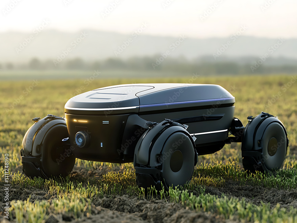 Poster An advanced autonomous robot drone equipped with sensors and ai technology is operating in an agricultural field, showcasing the latest in smart farming automation and precision agriculture