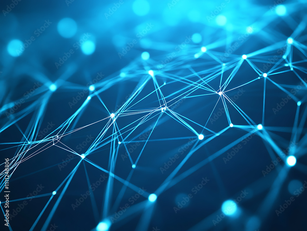 Poster Cyber security concept, lock symbol from lines and triangles, point connecting network on blue background, illustration