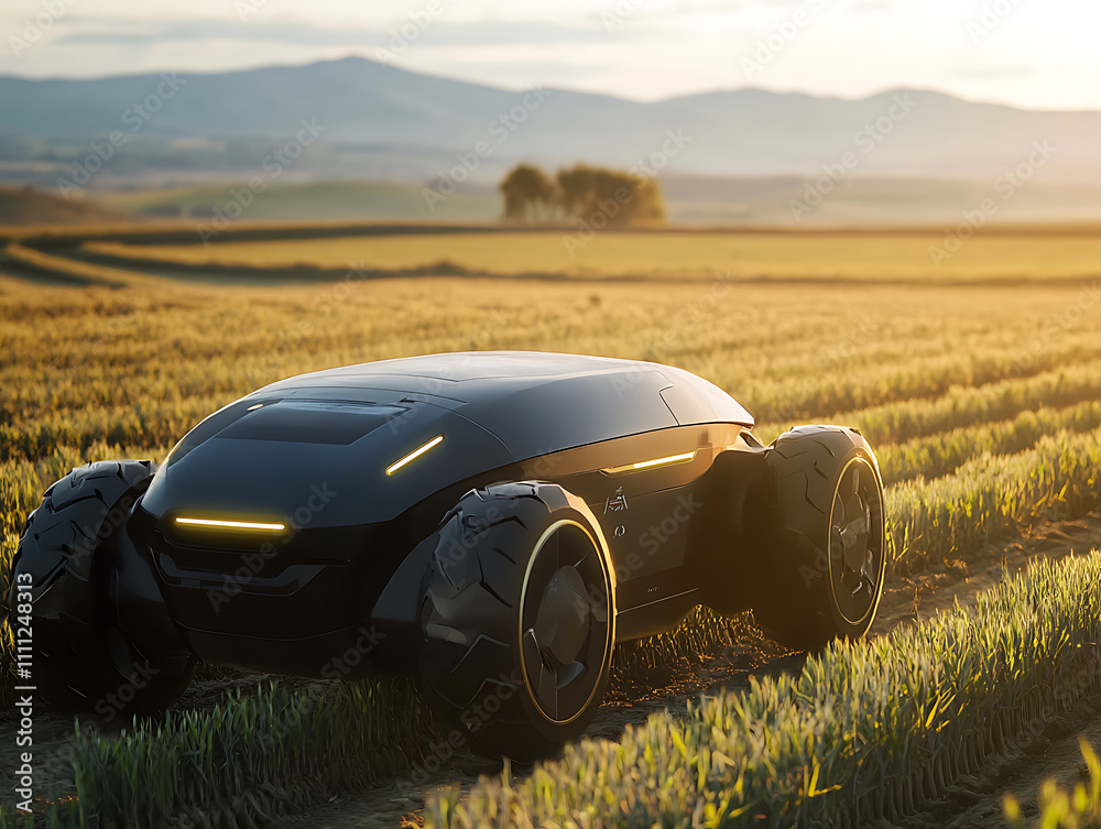 Poster An advanced autonomous robot drone equipped with sensors and ai technology is operating in an agricultural field, showcasing the latest in smart farming automation and precision agriculture