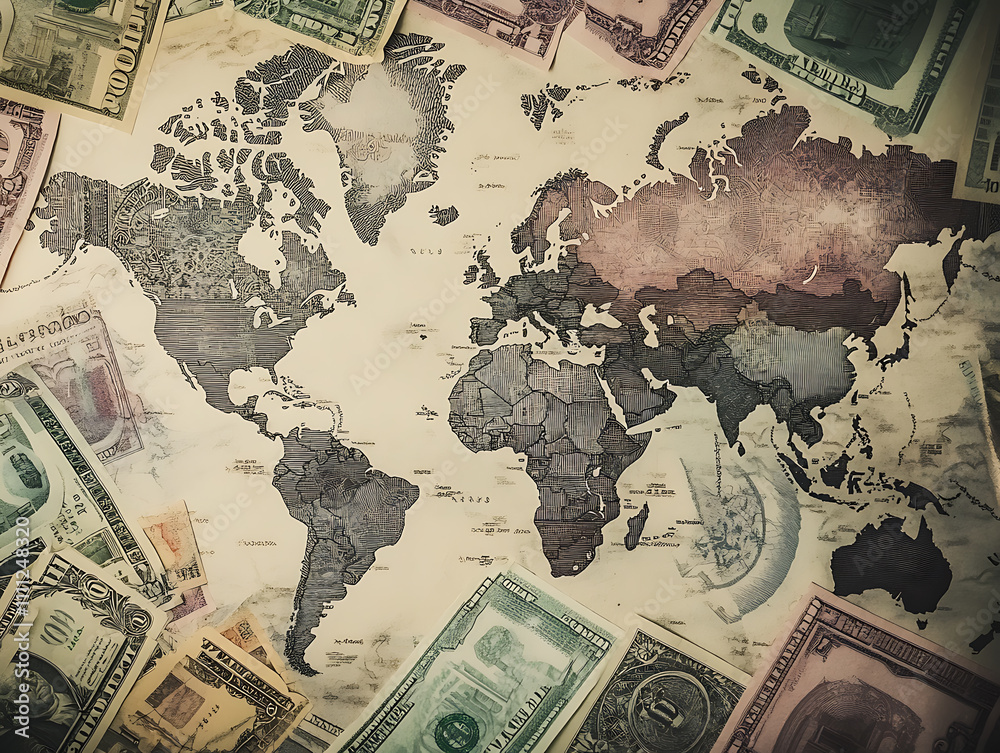 Poster currency exchange and money transfer concept with world map and banknotes of different currencies wi
