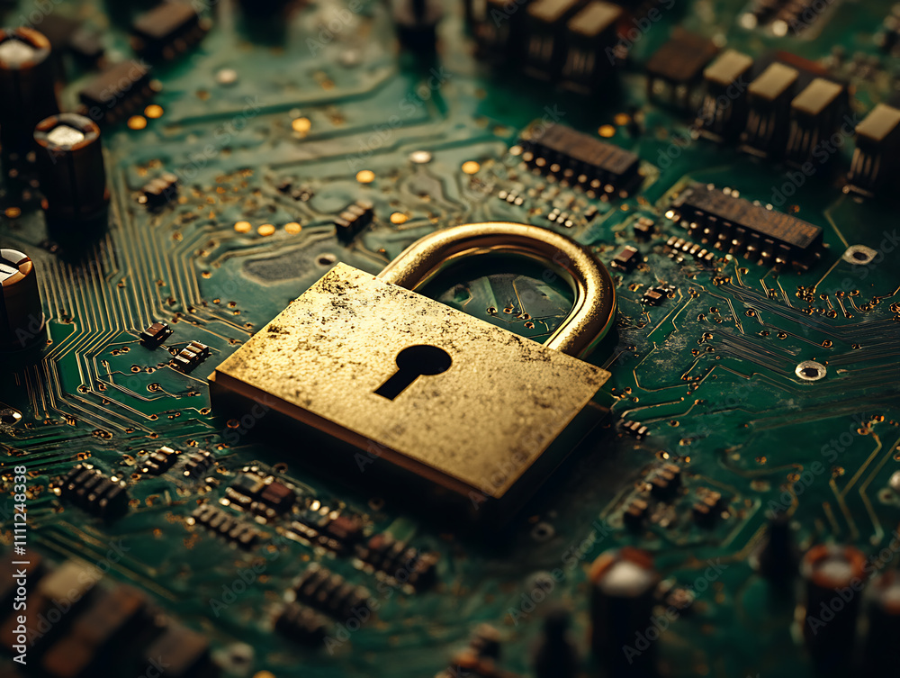 Poster Digital padlock with glowing edges on a dynamic abstract background, embodies cybersecurity concept