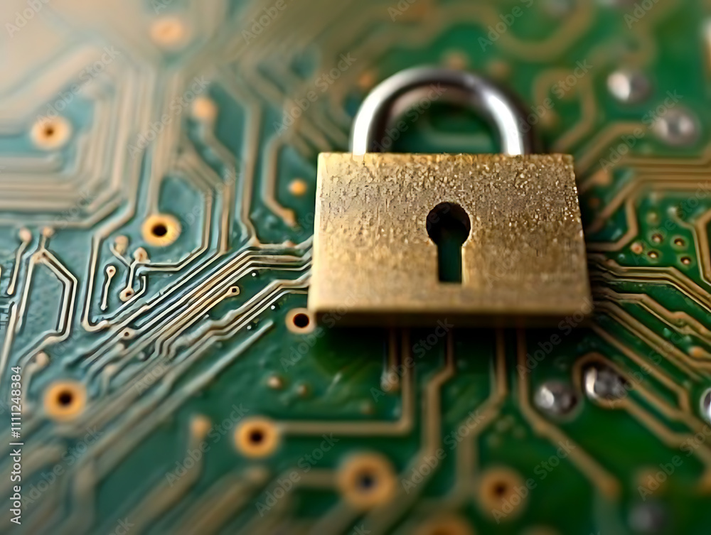 Poster Digital padlock with glowing edges on a dynamic abstract background, embodies cybersecurity concept