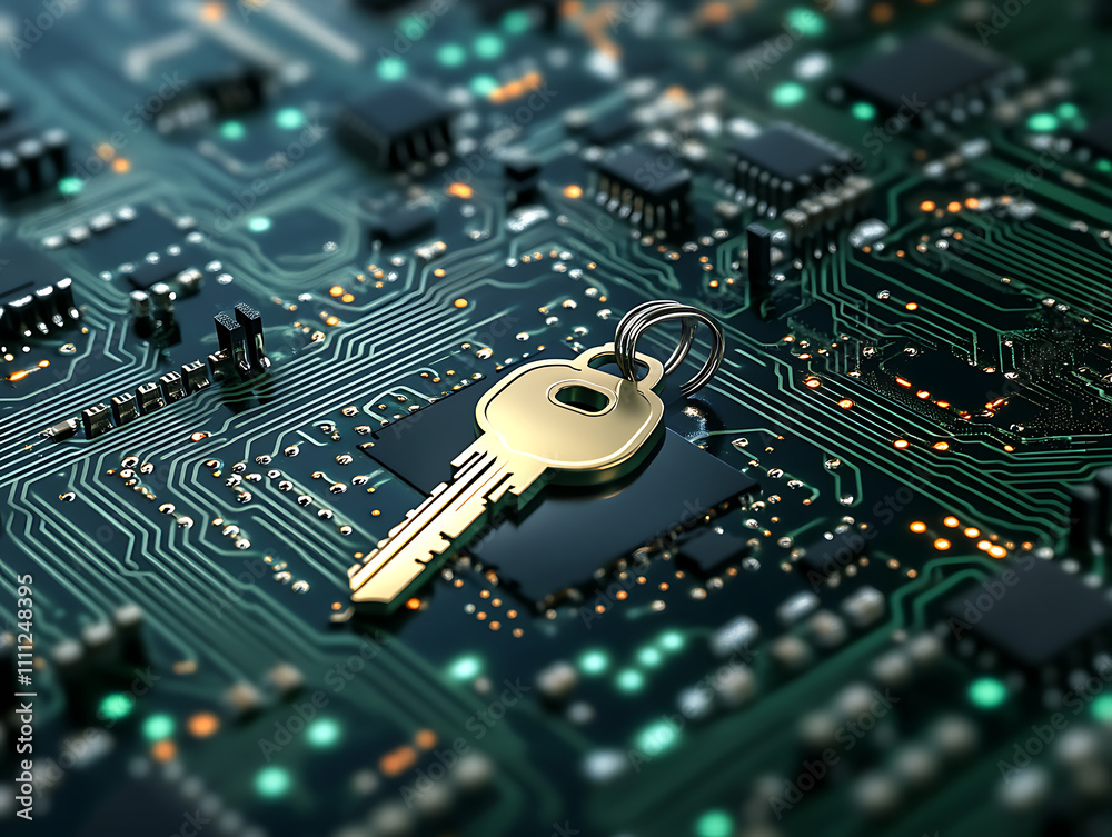 Poster cyber security concept with key on circuit board