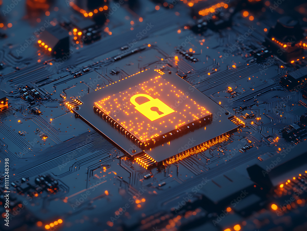 Poster Digital padlock with glowing edges on a dynamic abstract background, embodies cybersecurity concept