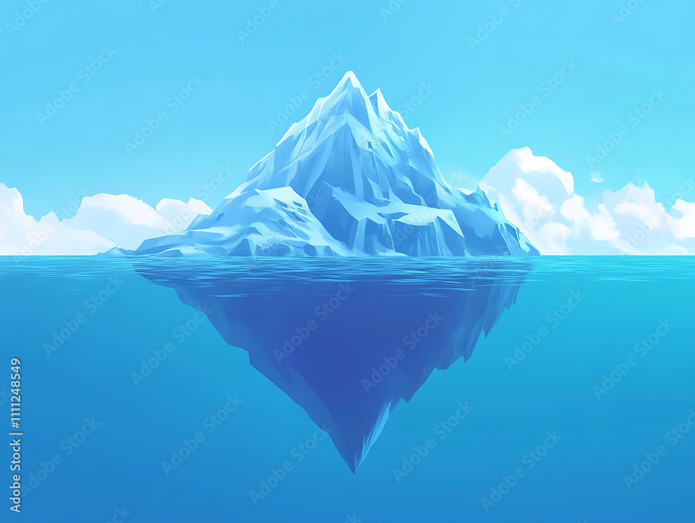 Poster an iceberg visible above and below water on a clear blue background, illustrating the concept of hid