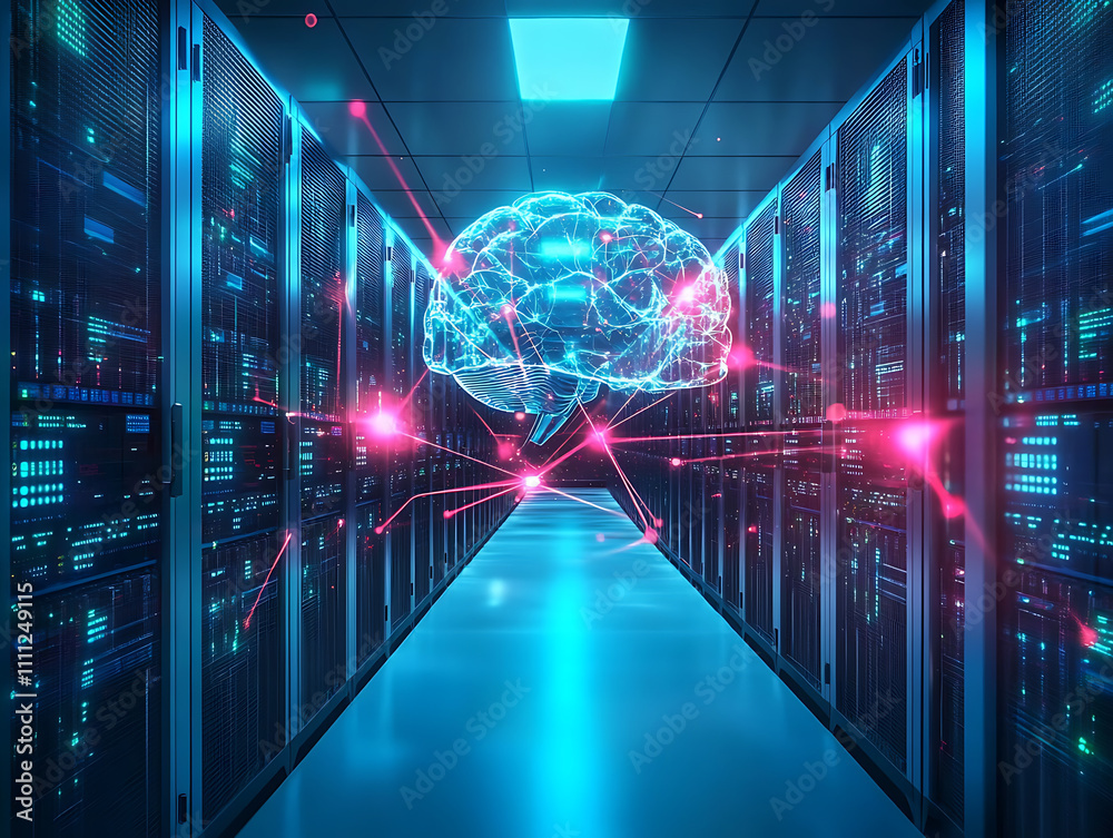 Poster Digital brain connected to data center, artificial intelligence concept