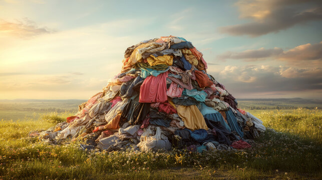 Pile of colorful clothes lies on grass in an open field at sunset. Concept of overconsumption and waste. For environmental awareness campaigns