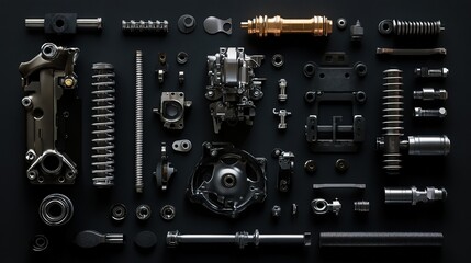 Fototapeta premium car parts on black background. car spare parts. Suspension and engine parts. black background